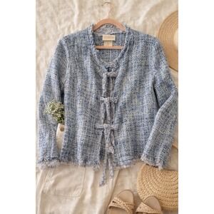 Linda Lundstrom Tweed Jacket Blue Lace Up Fringe Coastal Coquette M